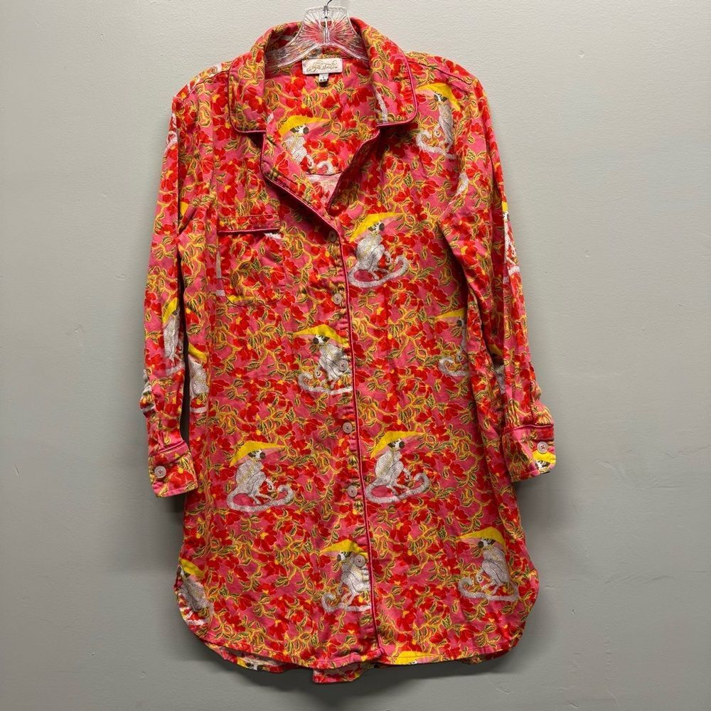 Jayes Studio Floral Sleep Shirt PJ 100% Cotton Sateen mandarin monkey small